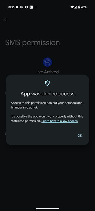 Permissions Denied in SMS Settings